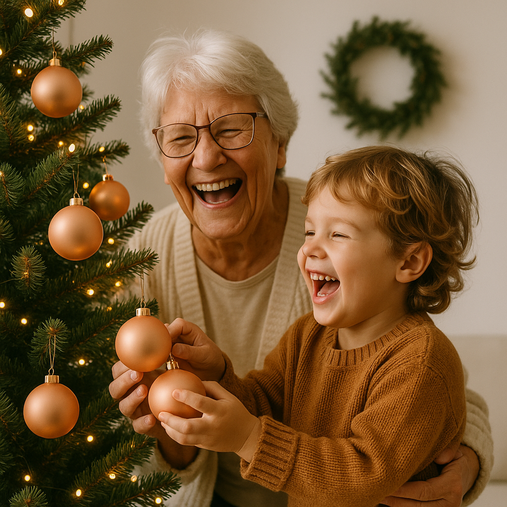 Grandmother and grandson decorating a Christmas tree together.